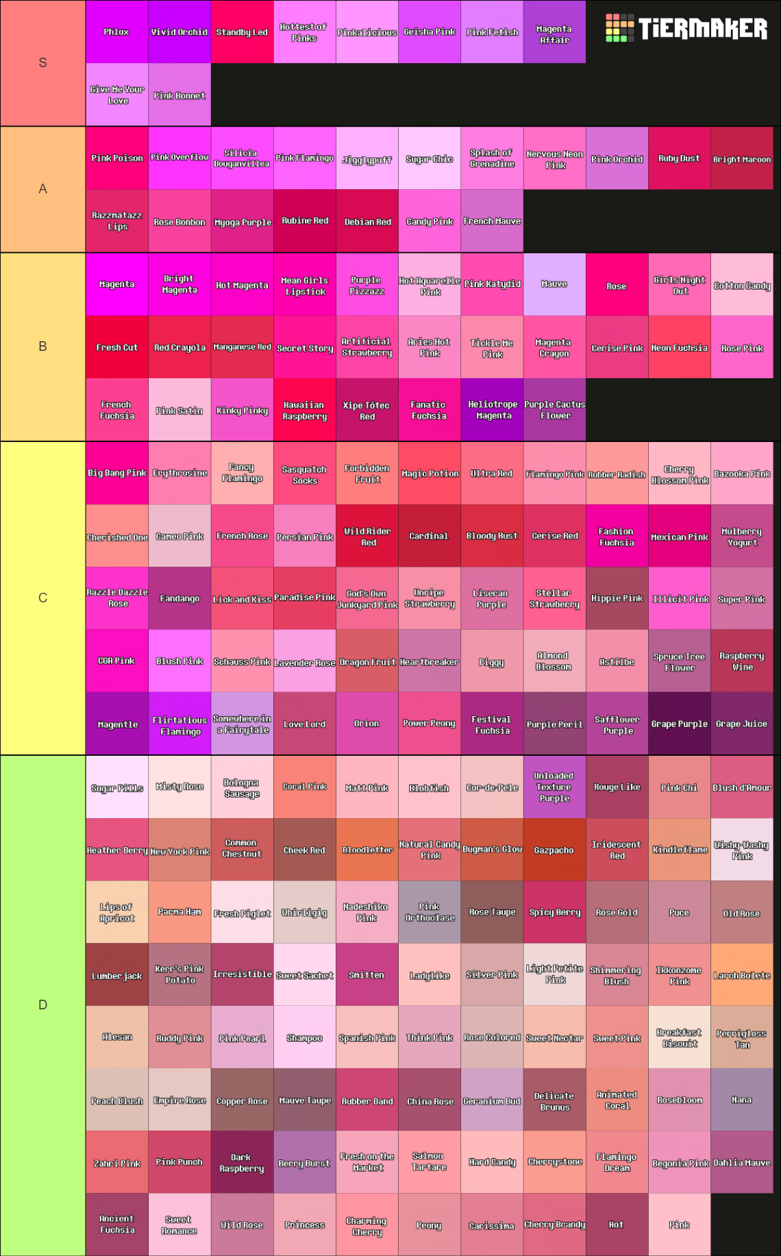 200 Pink Shades Tier List Rankings) TierMaker