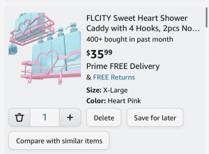 FLCITY Sweet Heart Shower Caddy with 4 Hooks, 2pcs No Heart, Pink