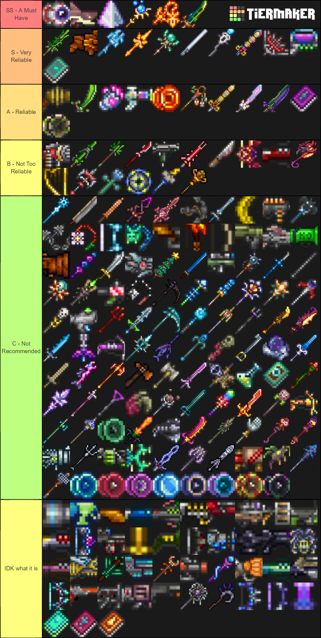 Terraria Hard-Mode Weapons Tier Lists.