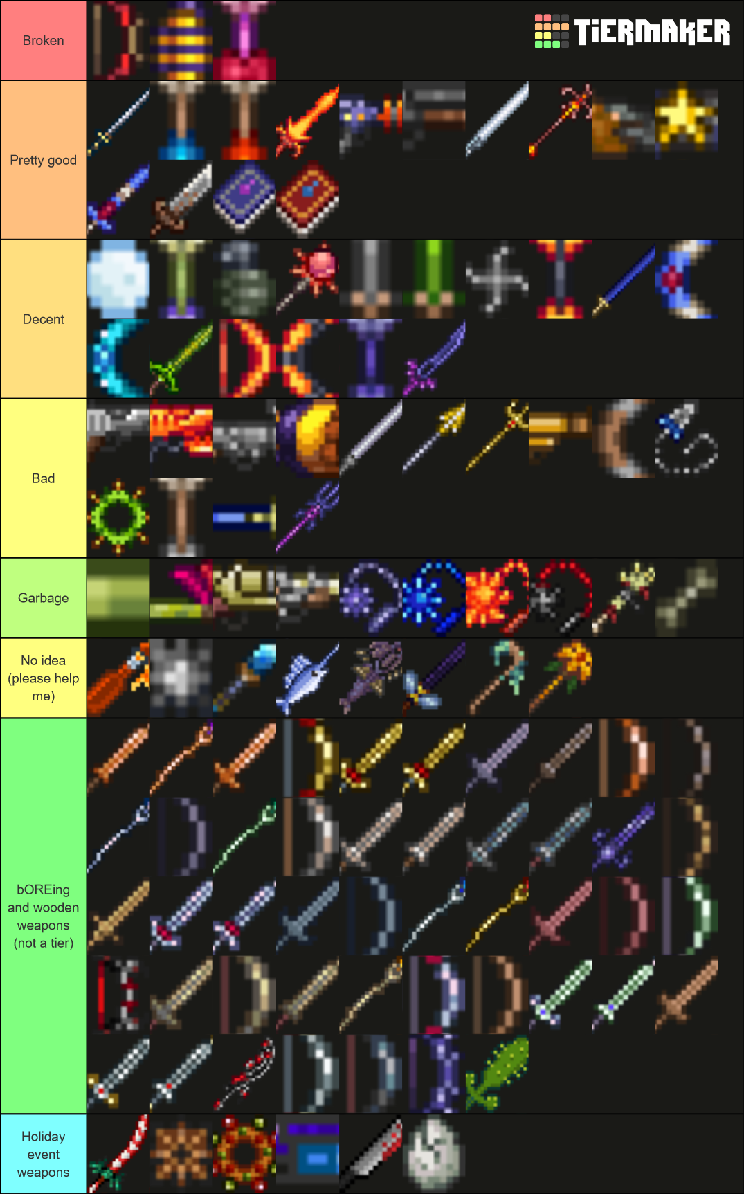 Terraria Pre-HM Weapons (v1.2) Tier List (Community Rankings) - TierMaker