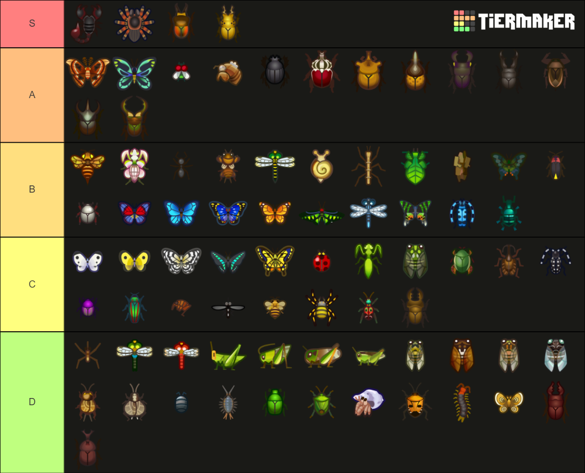 Animal Crossing New Horizons Bugs Tier List Rankings
