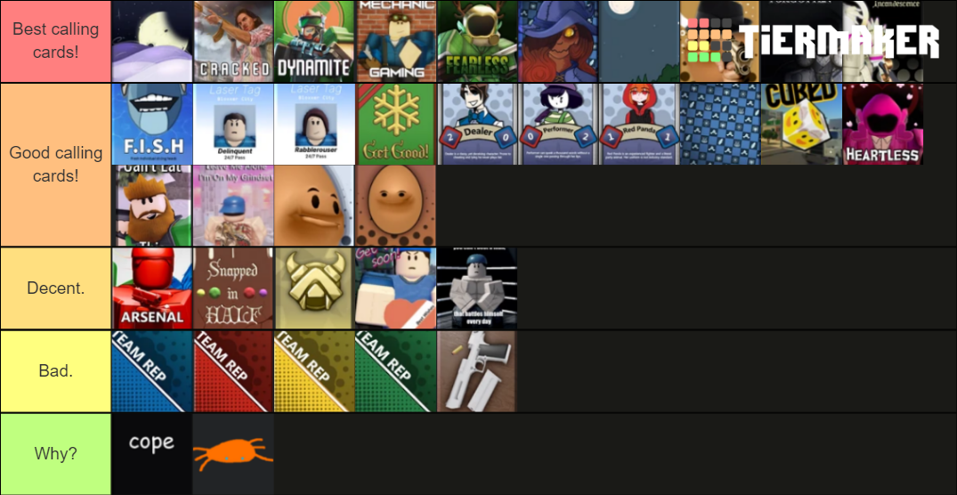 ROBLOX ARSENAL CALLING CARDS Tier List Rankings) TierMaker