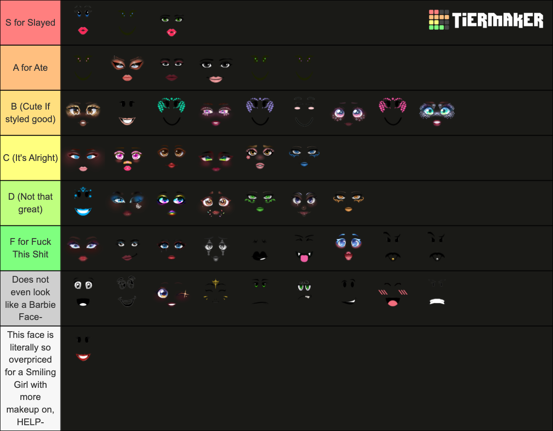 Roblox Barbie face toycodes Tier List (Community Rankings) - TierMaker