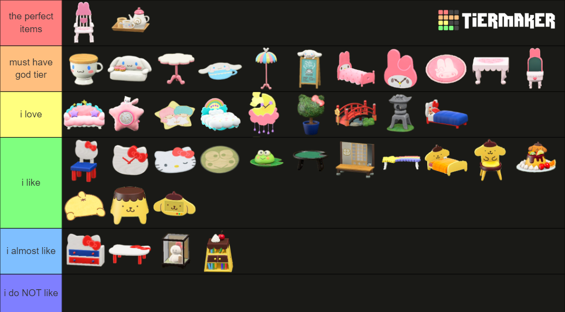 ACNH Sanrio Furniture Tier List Rankings) TierMaker