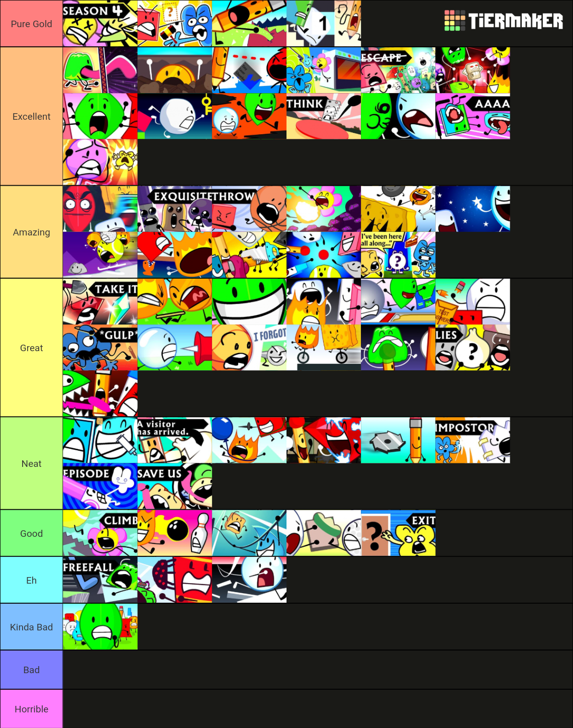 BFDI BFB/TPOT Episodes Tier List Rankings) TierMaker