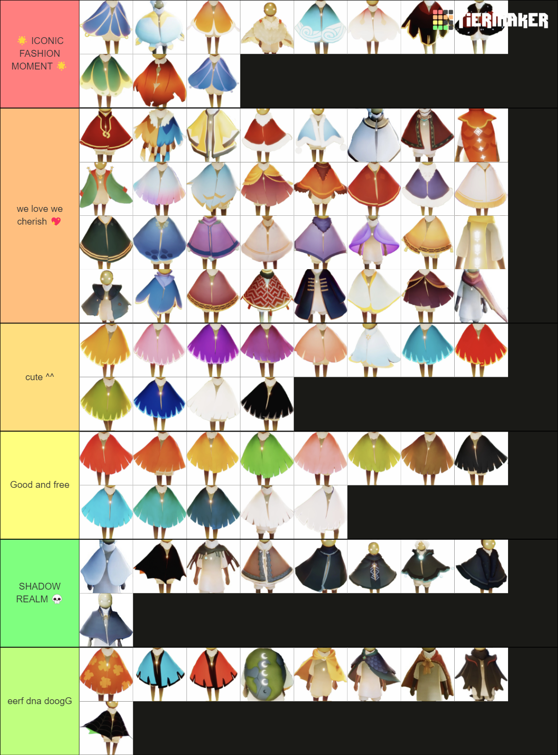 a ranking of all capes on sky cotl (updated for shattering) Tier List ...