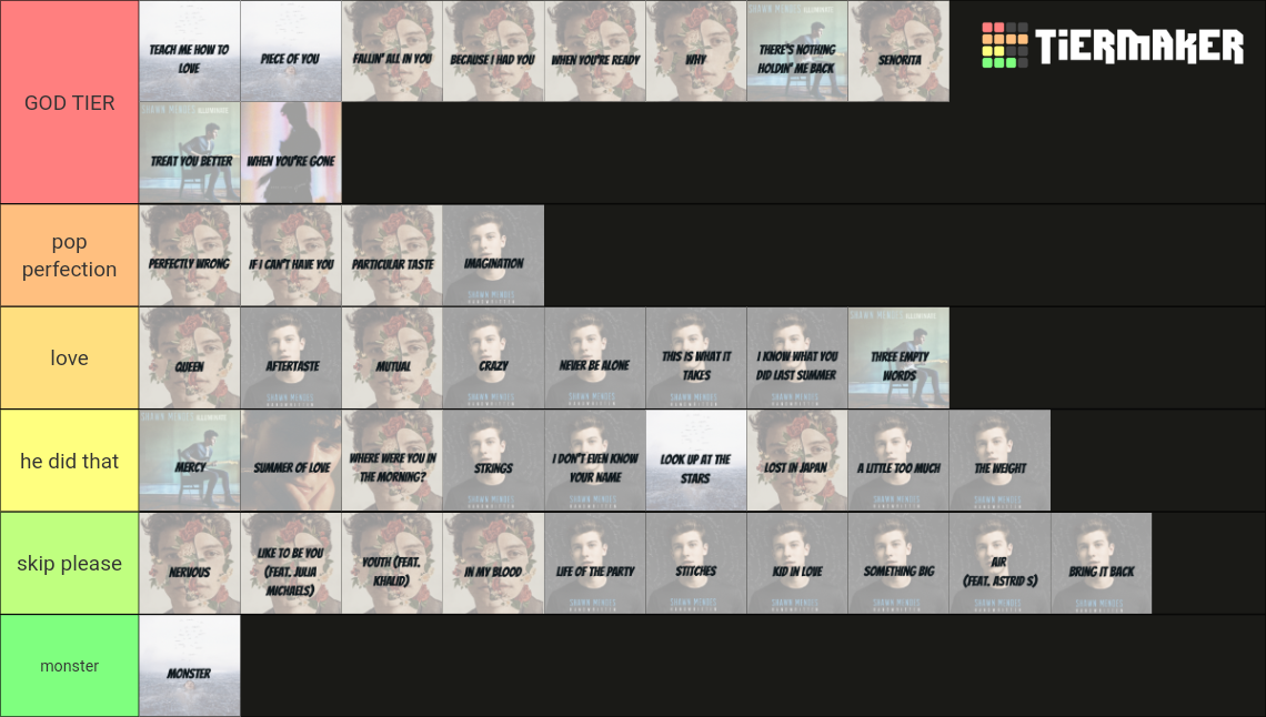 SHAWN MENDES SONG RANKING Tier List Rankings) TierMaker