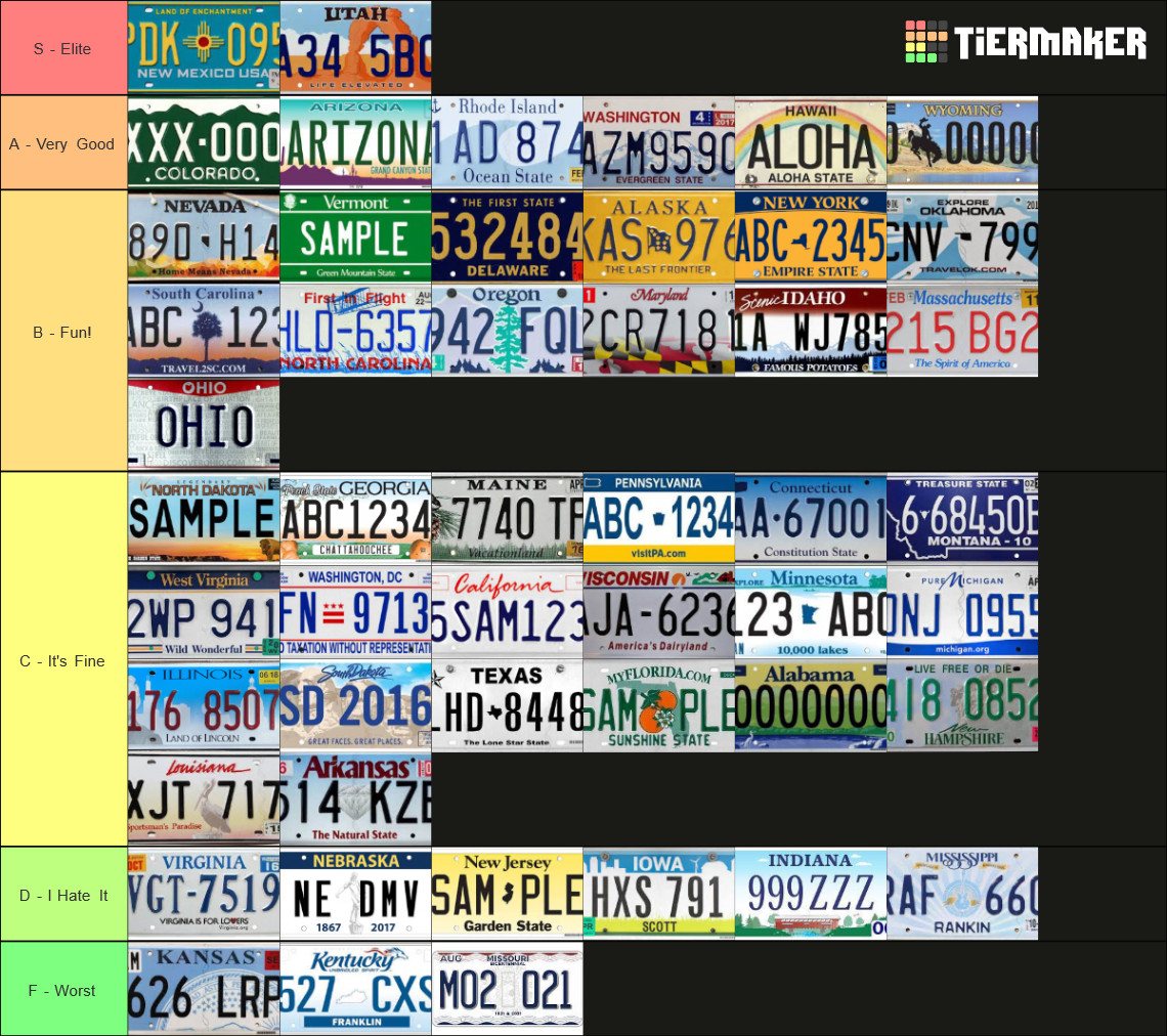 US State Standard License Plates Tier List (Community Rankings) - TierMaker