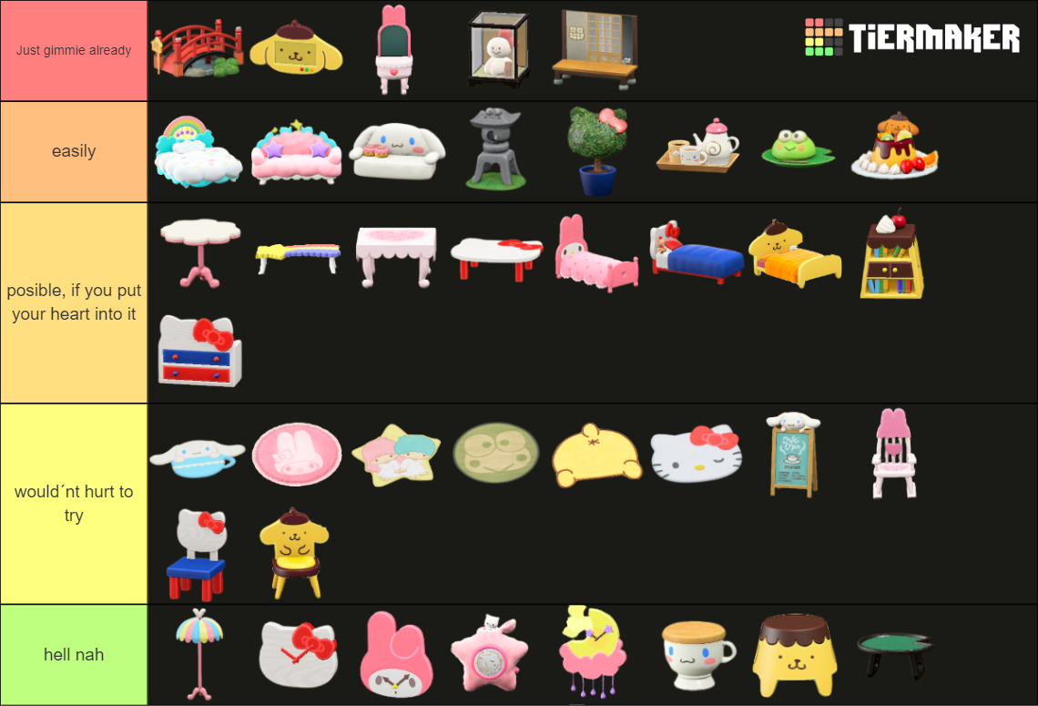ACNH Sanrio Furniture Tier List Rankings) TierMaker
