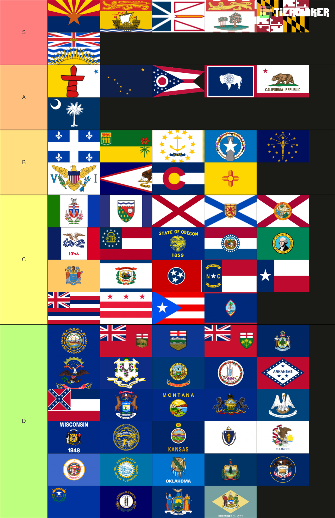 Flags Of US States Territories Canadian Provinces Tier List 
